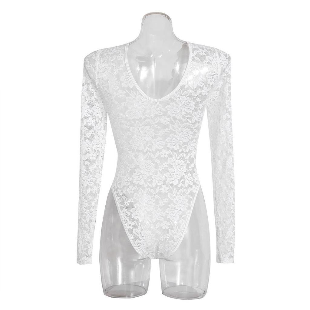 Slimming Lace V-Neck Backless Long Sleeve See-Through Lingerie Bodysuit