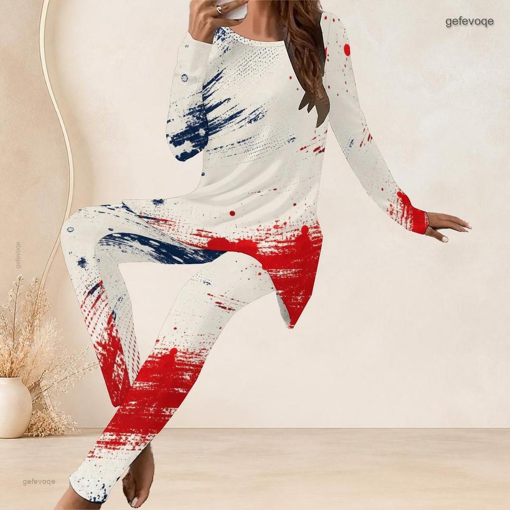 Women Plus Size Navy Blue Fireworks Printed Round Neck Long Sleeve Longline Top Fitted Pants Two Piece Set
