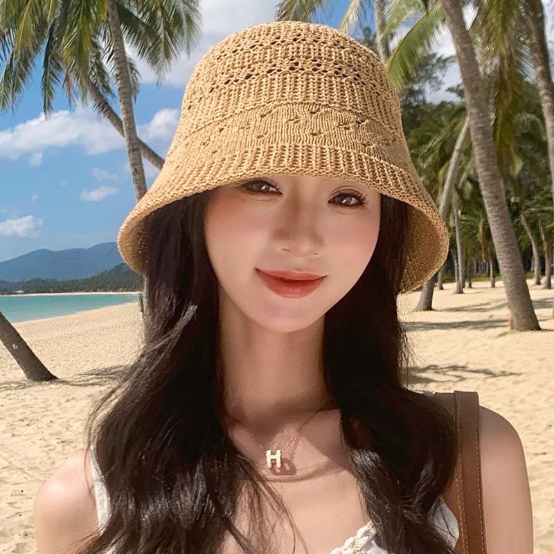 Women Hollow Breathable Openwork Knit Fisherman Cap Wide Brim Sun Hat for Summer Beach Outdoor Travel Daily Casual Sun Protection Ladies Headwear
