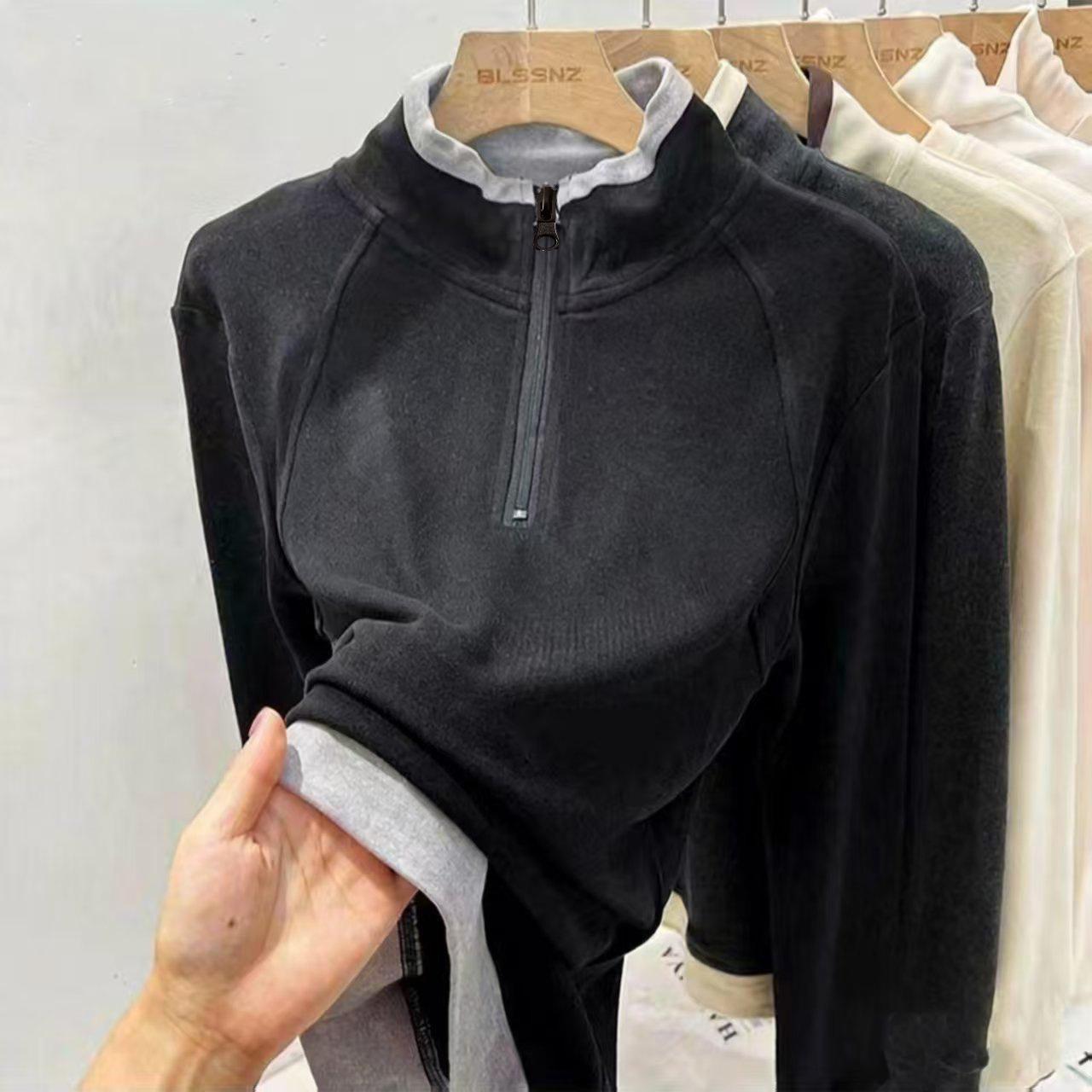 

Women s 220g German Fleece Color Block Half-Zip Long Sleeve T-Shirt with Patchwork, Half-High Stand-Up Collar - Autumn/Winter Warm Base Layer 2XL чёрный