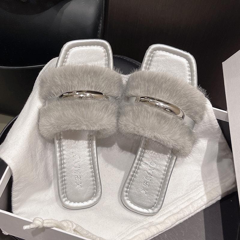 Fashion Aphixta Flat With Furry Women Slippers Outside Modern Slides Shoes Metal Dec Soft White Fur Slippers Fashion Woman Shoes