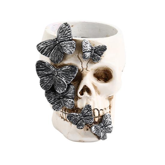 Realistisches Totenkopf-Dekor Gotischer Stifthalter, Gruselige Schmetterlings-Make-up-Pinsel Halloween-Themen-Schreibtisch-Organizer, Schreibtisch-Stiftebecher für Home Office
