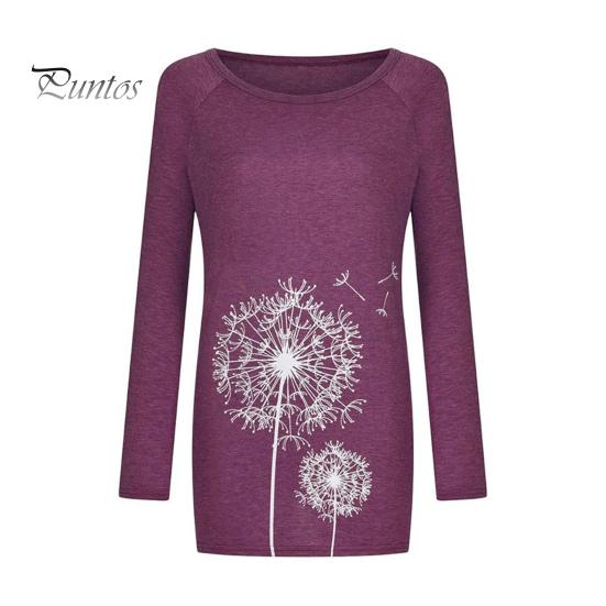 Damen-Tunika-Oberteil in Übergröße mit Löwenzahn-Print, Longline-Shirt, Rundhalsausschnitt, Langarm, Pullover, T-Shirt, lässige Bluse mit lockerer Passform für die Arbeit, den Alltag