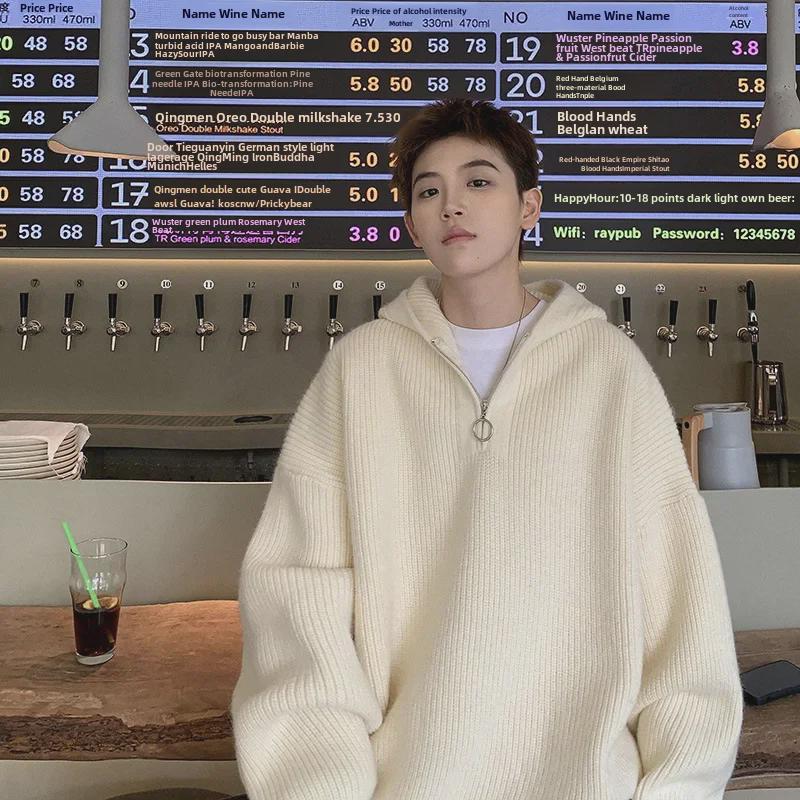 Men's Winter Half-Zip Hooded Knitted Sweater, Loose Fit, Solid Color Casual Style for Couples