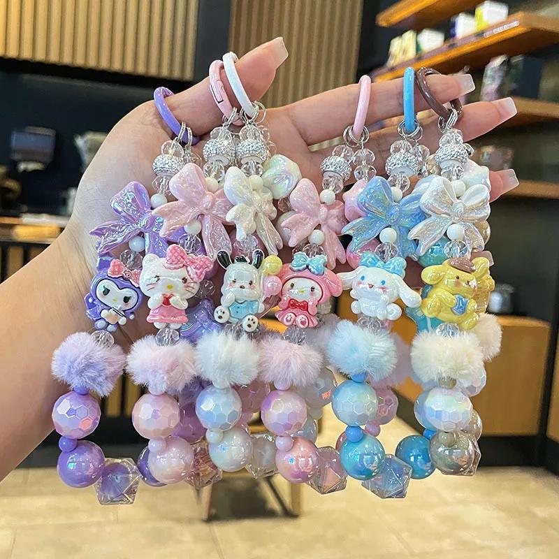 Cute Bowknot Hairball Phone Chain Sanrio Hello Kitty Melody Cinnamoroll Kuromi Keychain Bag Pendant Kawaii Hand Drawn Bead Gift