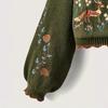 Women's Dark Green Knit Cardigan with Fox Embroidery and Puff Sleeves