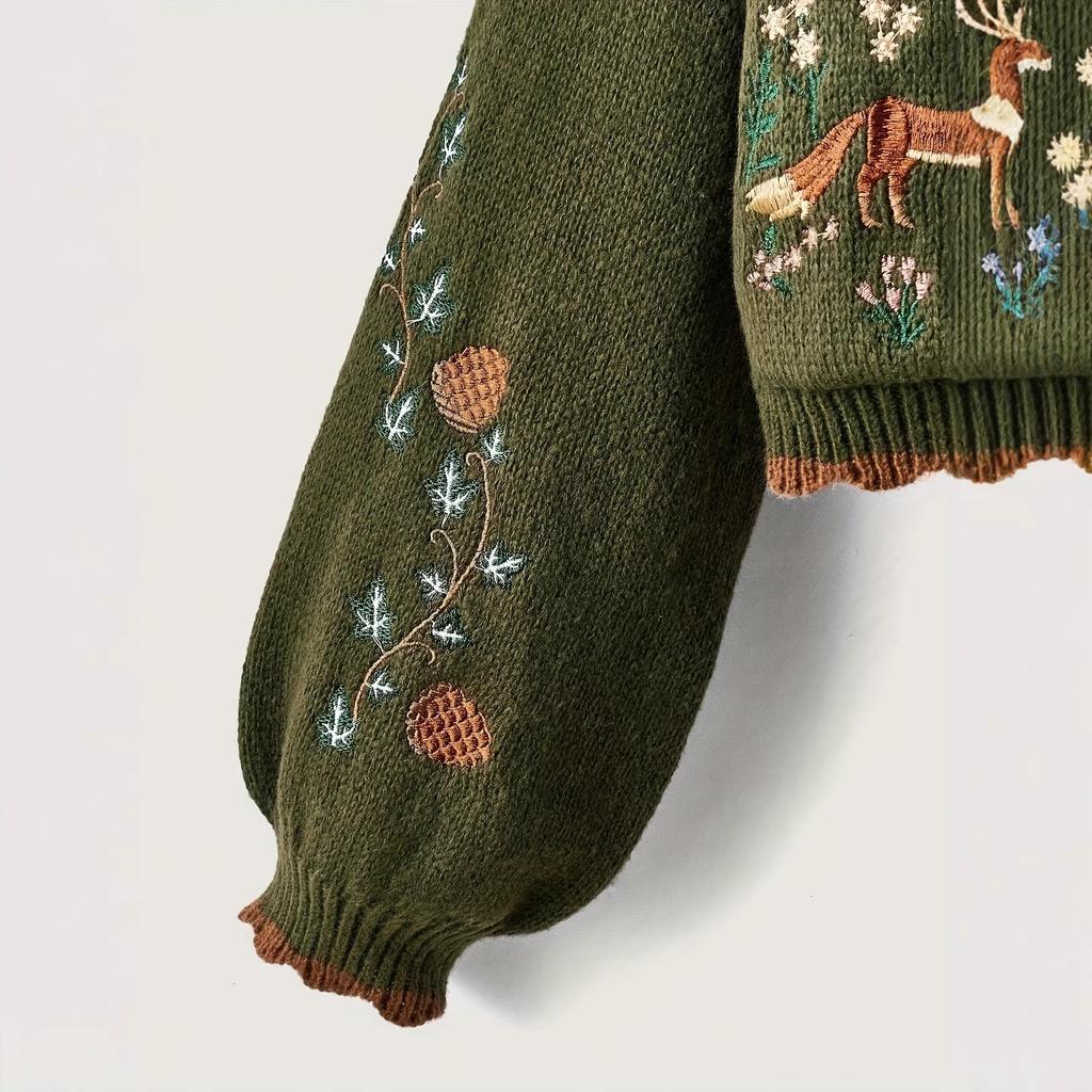 Women's Dark Green Knit Cardigan with Fox Embroidery and Puff Sleeves