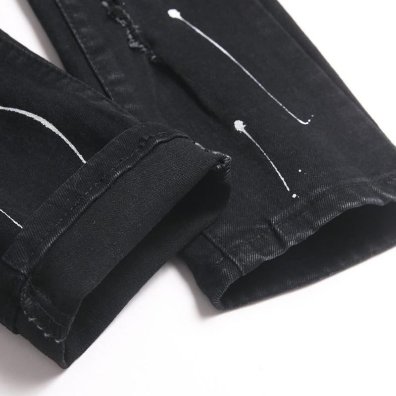 Jeans Neri da Uomo Slim Fit in Denim con Dettagli Strappati Impreziositi da Strass Cotone Elasticizzato