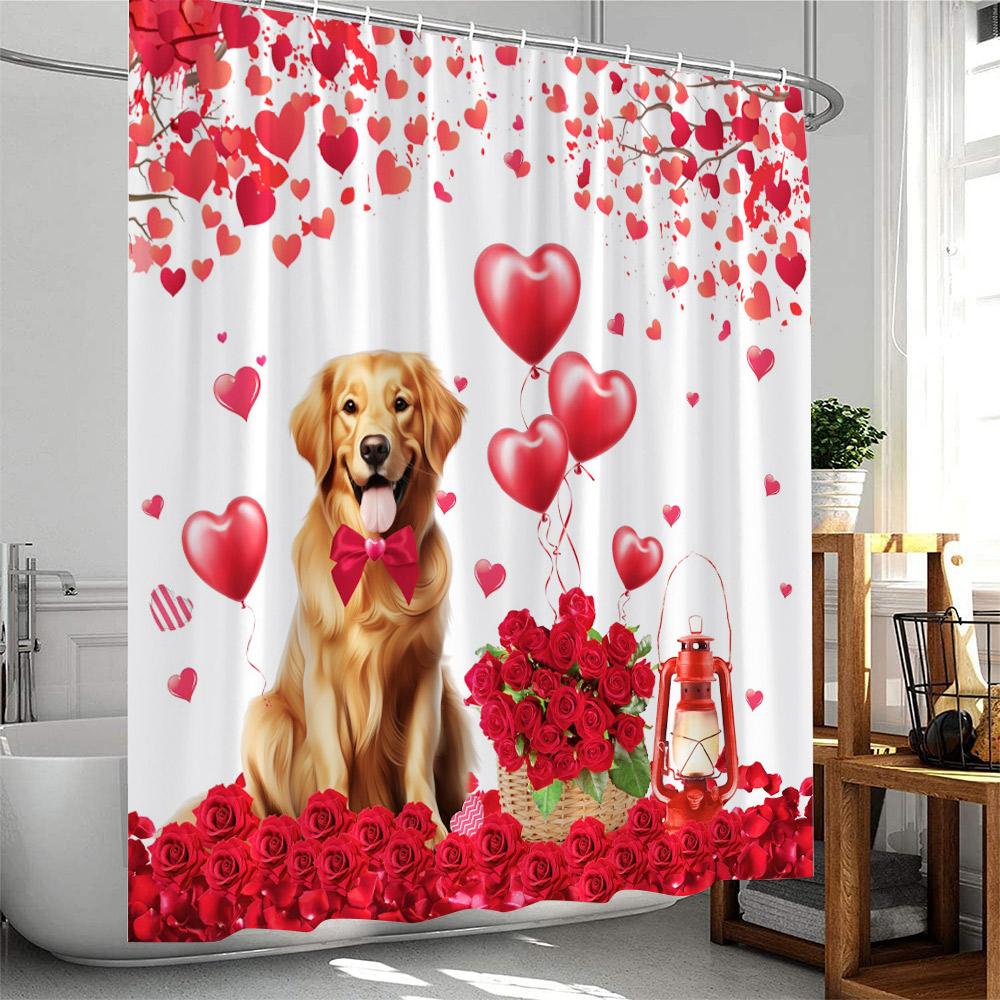 Valentine's Day Shower Curtains Cute Animals Highland Cattle Pig Flamingo Elf Heart Red Rose Bath Curtain Fabric Bathroom Decor