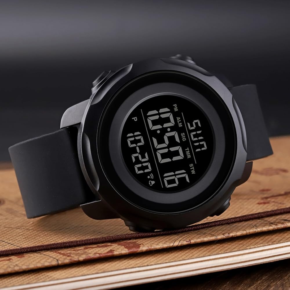 Timever Digital Sports Watch Men's Waterproof Stopwatch Alarm Outdoor LED Black Large Display
