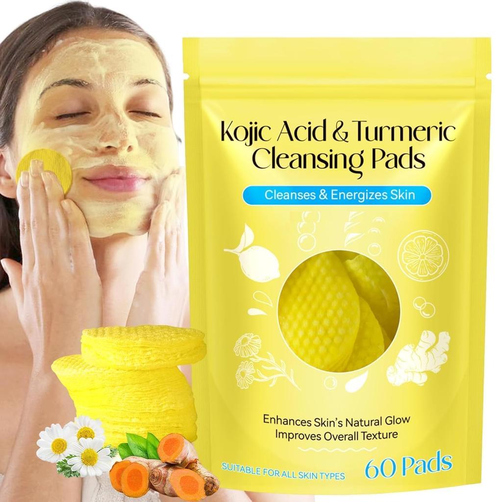 BACHUDO Turmeric & Kojic Acid Cleansing Pads for Face | 60PCS Turmeric Cleansing Pads Dark Spots,Skin Brightening & Acne Prevention | Vitamin C,Ret
