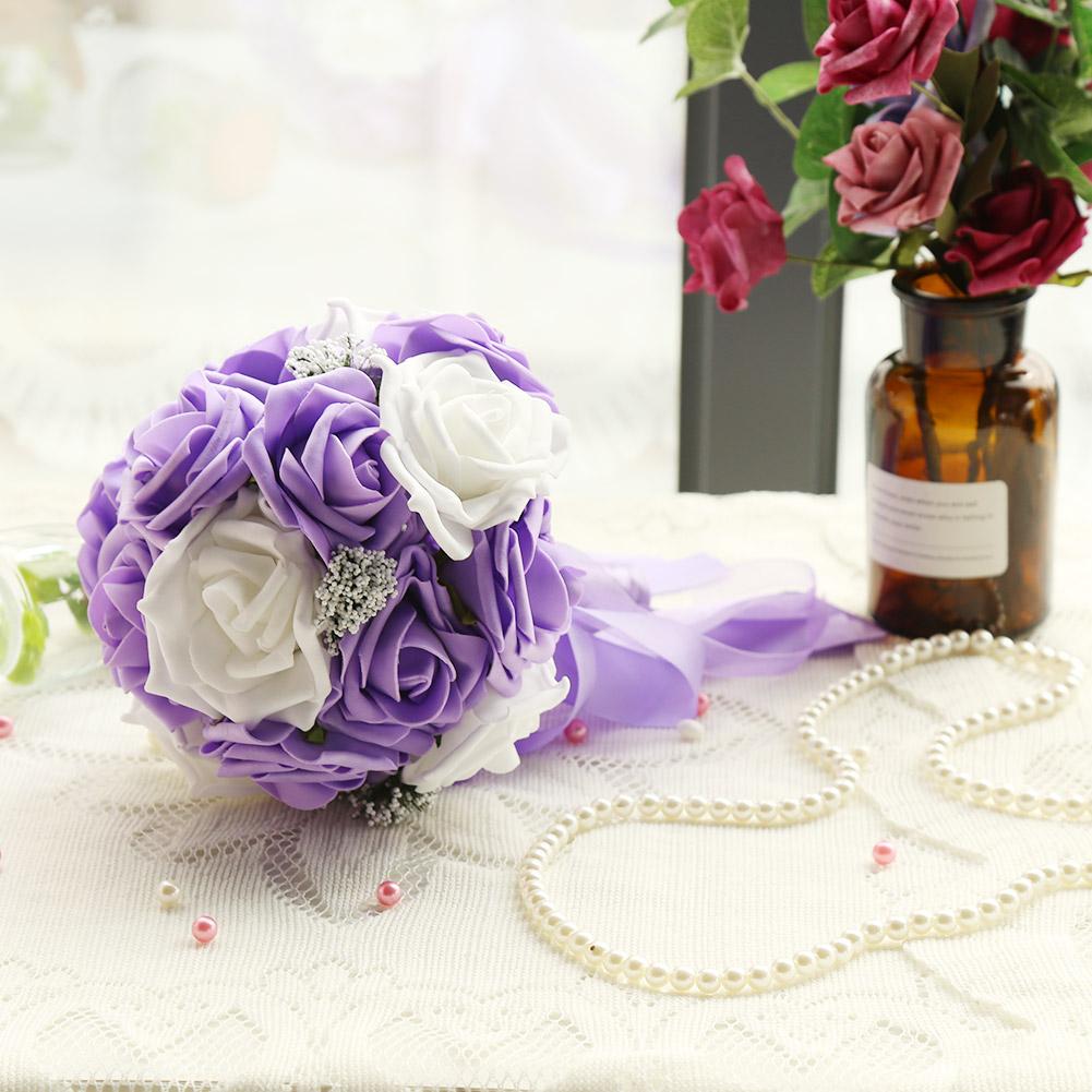 Artificial Bridal Bouquet Flowers for Wedding Decorations Props Accessories (Purple)