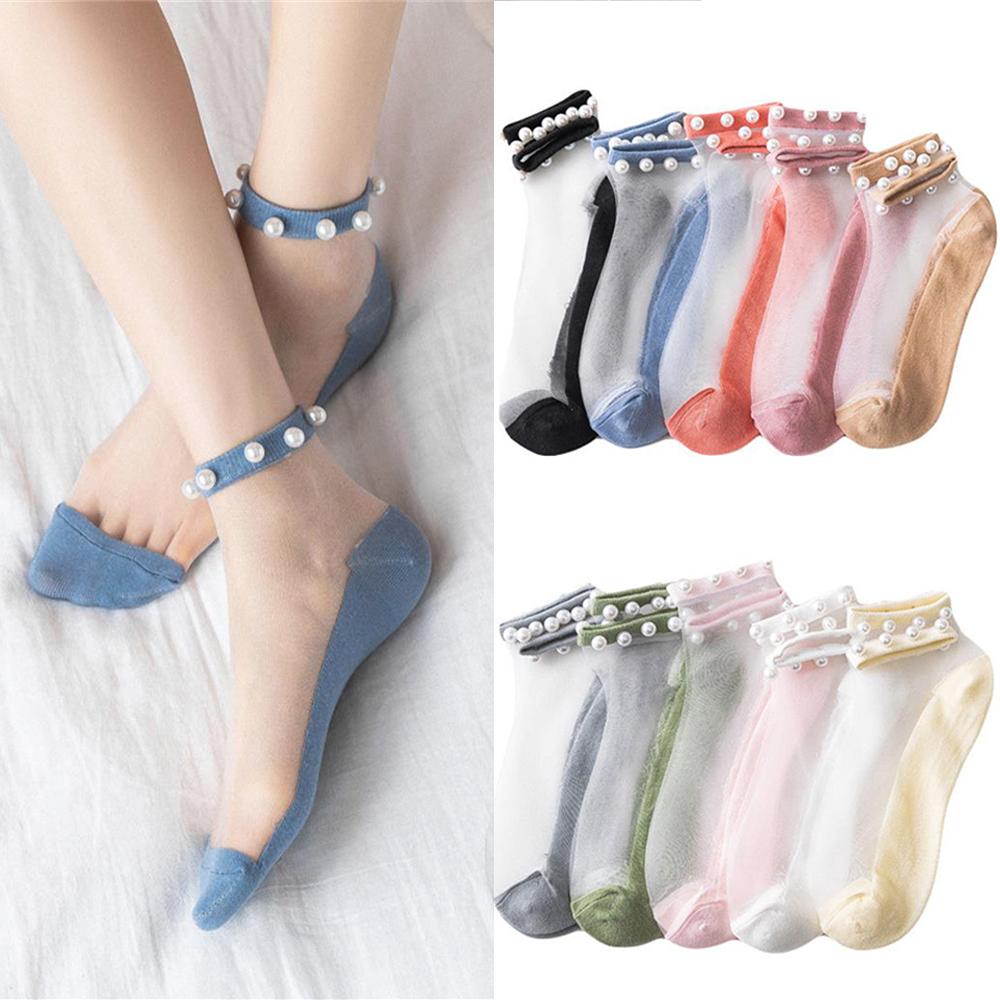 

Женские хлопковые кружевные чулки с жемчугом, сетчатые нейлоновые носки до щиколотки с низким вырезом