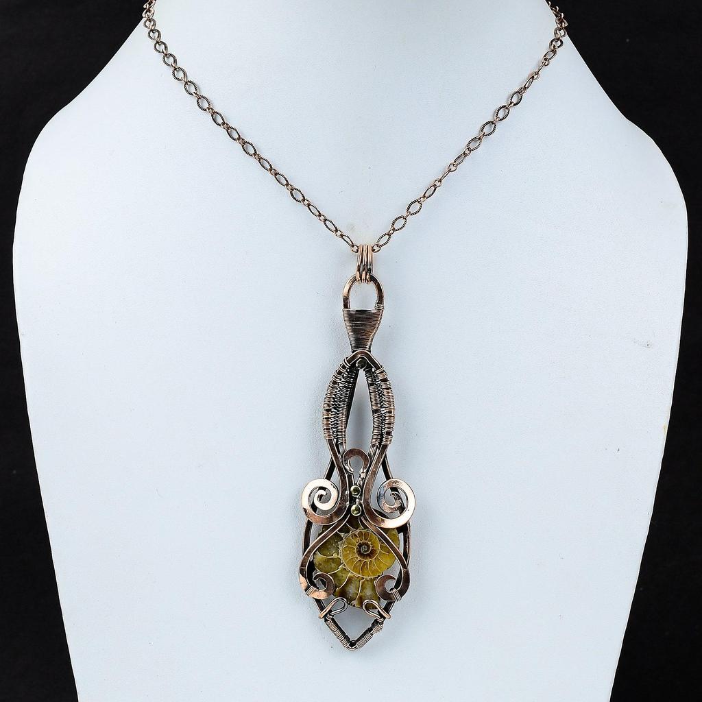 Pietre prețioase fosile uimitoare de amonit, sârmă de cupru pur, bijuterii cu pandantiv lucrate manual