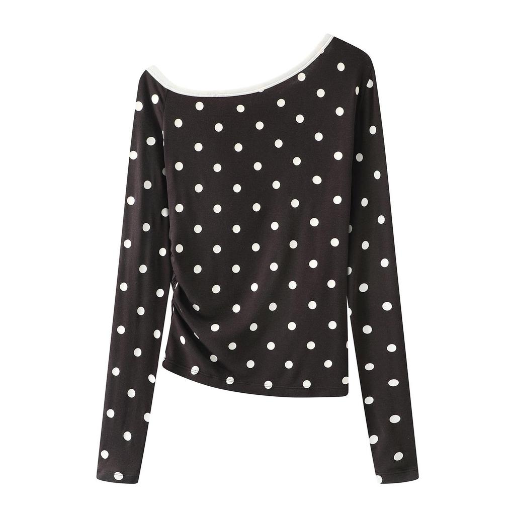 Spring 2026 Retro Polka Dot Off-the-Shoulder Long Sleeve Designer Top