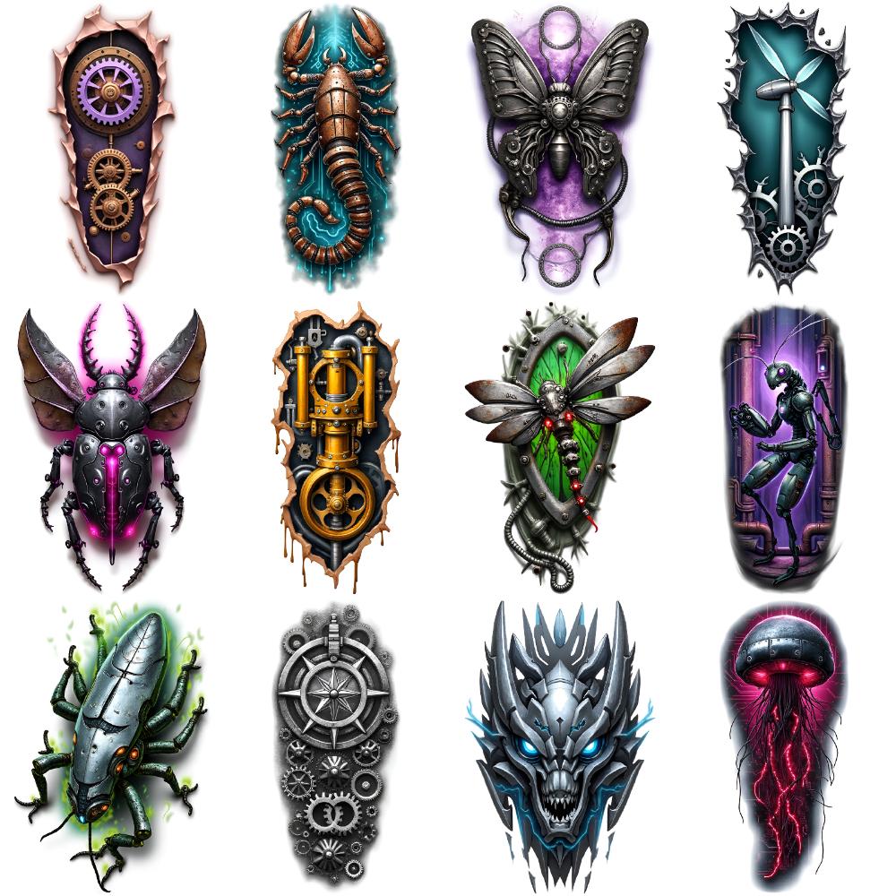 12pcs Temporary Tattoo Insect Designs Colorful Realism Mechanical Creatures Waterproof Long-lasting Body Stickers For Back