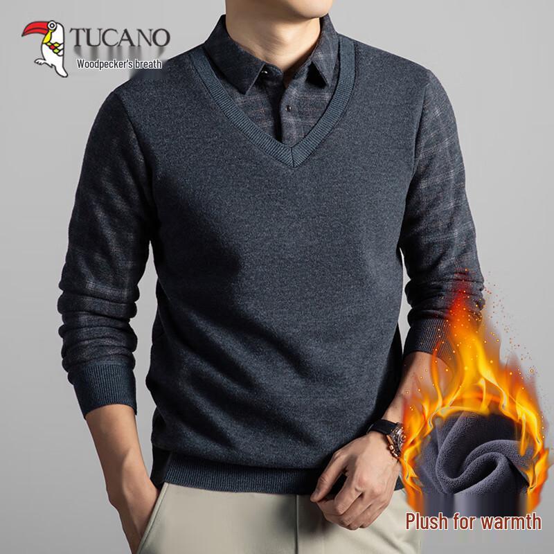 

TUCANO Men s Faux Two-Piece Fleece-Lined Plaid Wool Sweater 4XL