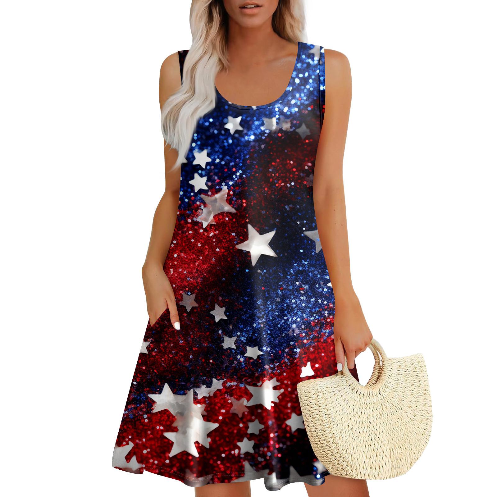 Womens Summer Dresses Print  Loose U Neck Sleeveless Sundresses Dress With Pockets L