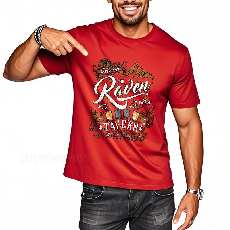 Fashion summer Unisex tshirt The Raven Tavern With Mountains And Drinks Short Sleeve Solid Color O Neck Top tees