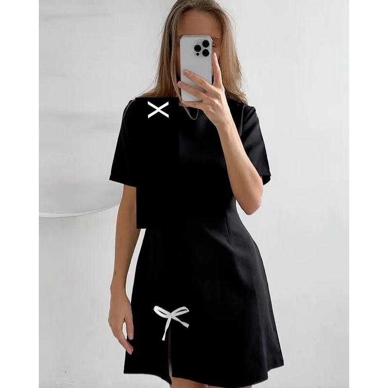 

Fashion Fashion New Skirt round Neck Contrast Color Bows Casual Dress round Neck Bow Dress Black S