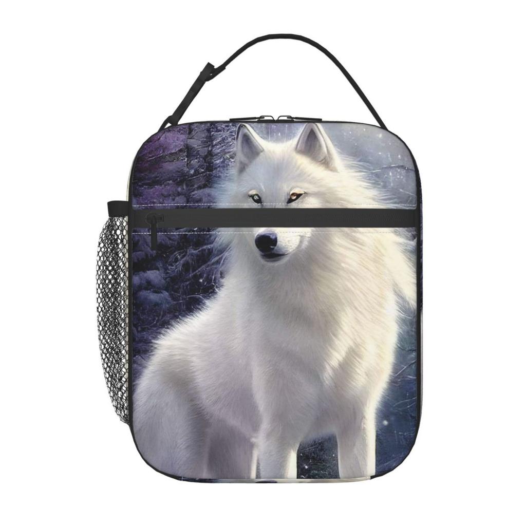 White Wolf Oil Painting Print Insulated Lunch Bag for Kids School Cooler Thermal Food Box Tote Leakproof Lunch Boxes Container