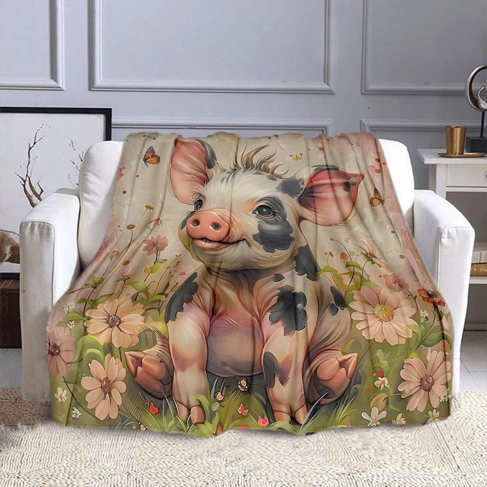 Cute Piglet in Flower Meadow Artwork Patterned flannel blanket perfect for the bedroom living room, sofa, or a little nap