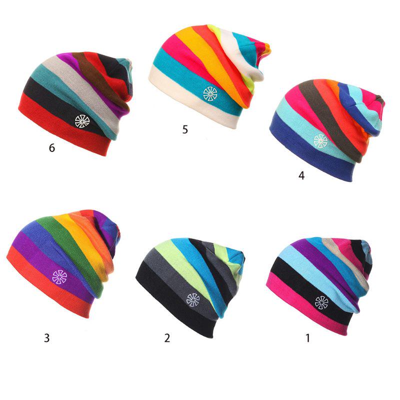 Women Men Winter Knitted Snow Ski Beanie Hat Rainbow Striped Baggy Slouchy Cap