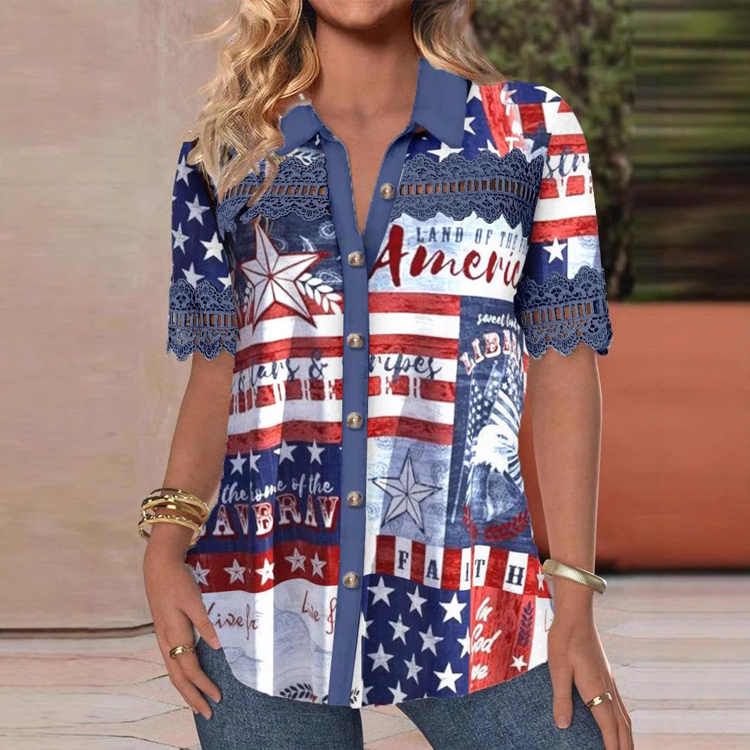 Women S Casual Short Sleeve Shirt Collar Cardigan Digital Print Blouse S