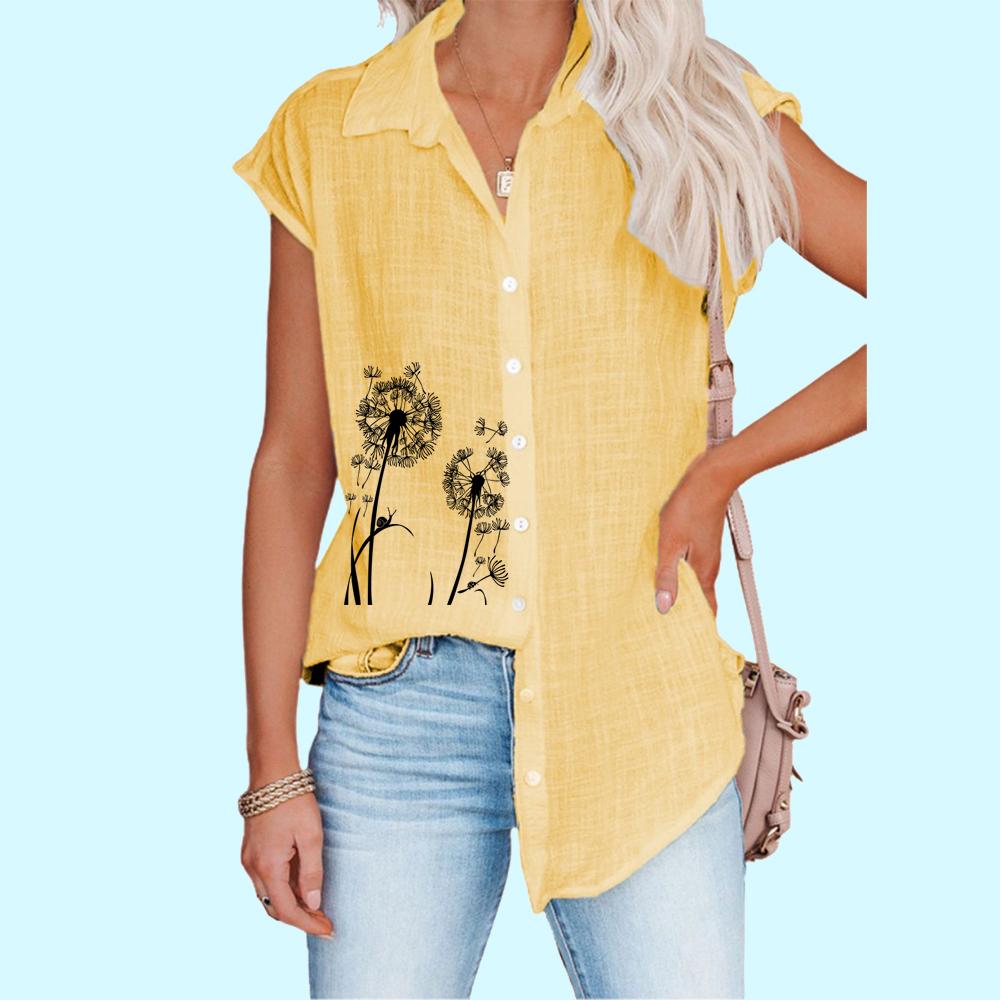 Women Fashion Sleeveless Shirt Spring/Summer Casual Print Top Ladies Thin Button-down Blouse