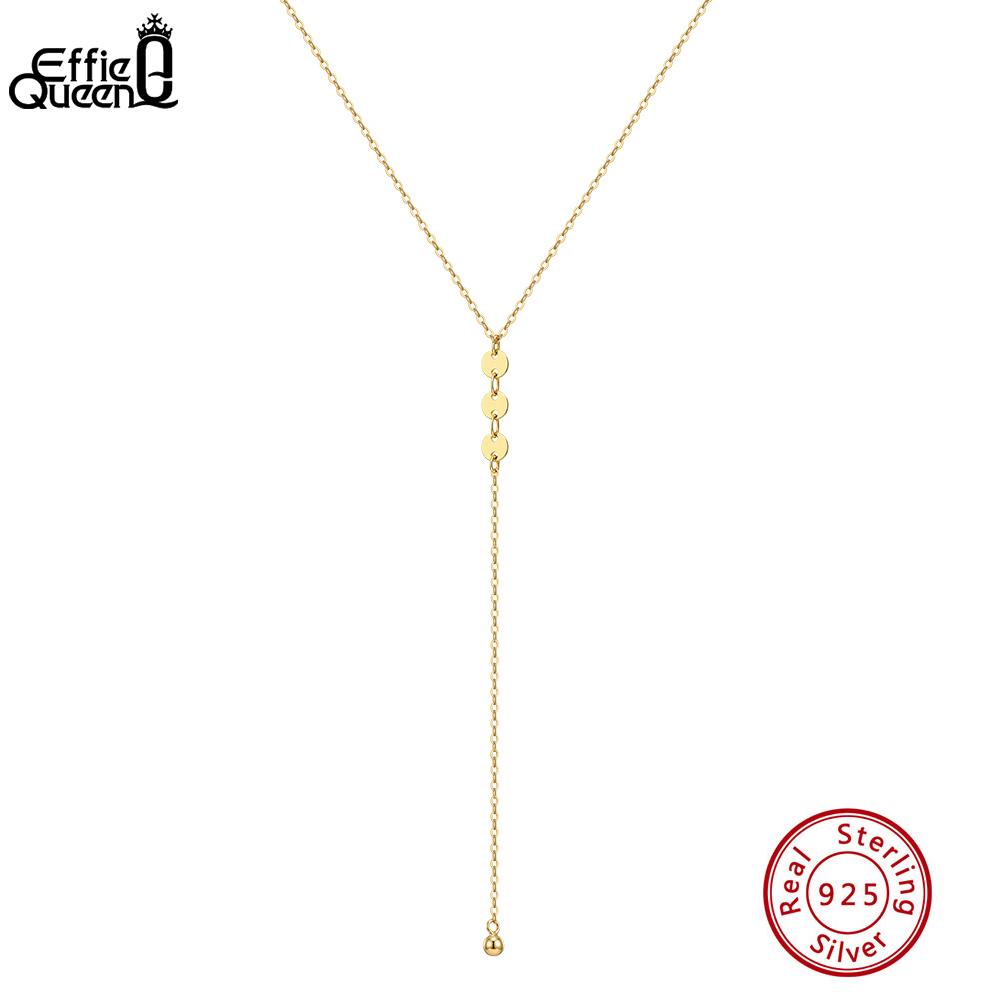 EFFIE QUEEN Simple 925 Pure Silver Long Tassel Y Necklace Round Shape Pendant Clavicle Chain For Women Party Jewelry Gift BQN42