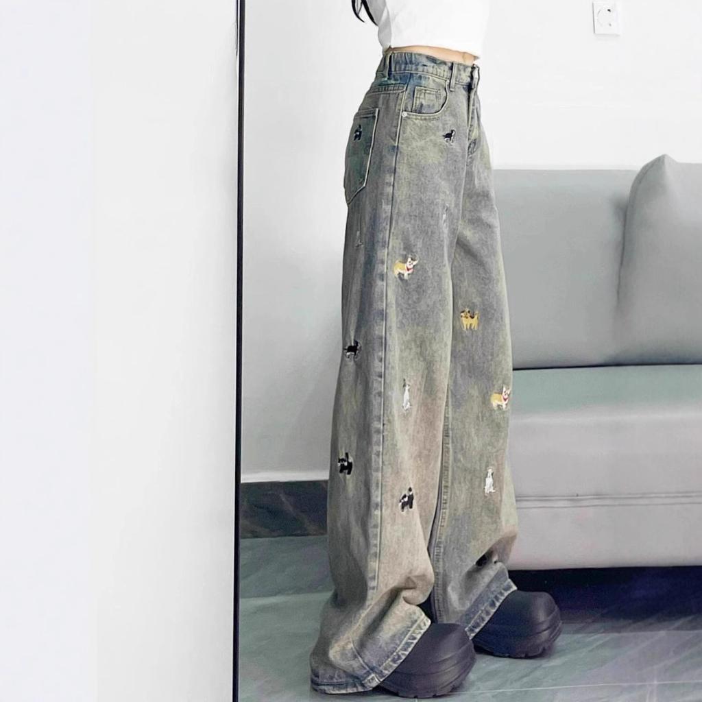 Comfortable Embroidered Puppy Dog Fun Jeans Women's Autumn Big Yards High-waisted Straight Loose Wide-legged Trousers Jeans for Women Long Denim Pants