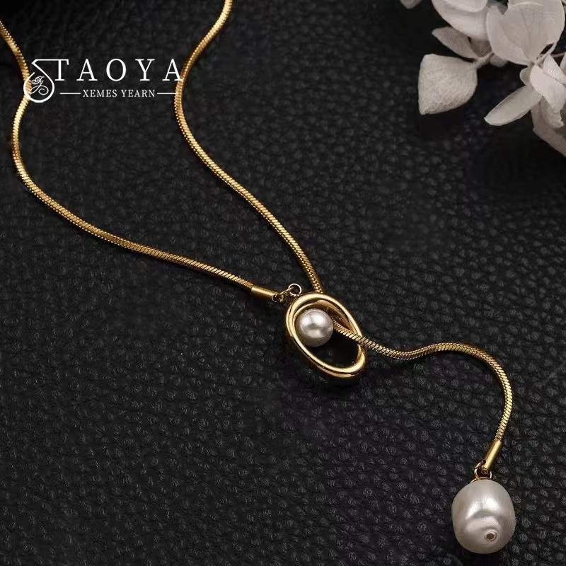 Stainless Steel Pull-out Adjustable Chain Baroque Pearl Pendant Long Necklace For Womens Fashion Sweater Chain New Jewelry