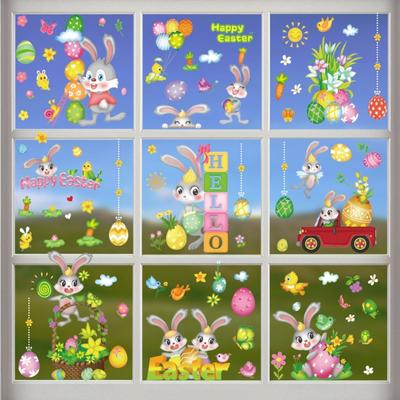 Lot de 9 feuilles d'autocollants de fenêtre en forme d'œufs de lapin de Pâques pour décoration de vacances, fournitures de fête