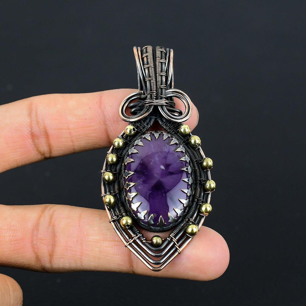 Bijuterii unice de ametist cu sârmă de cupru pur cu pandantiv lucrate manual