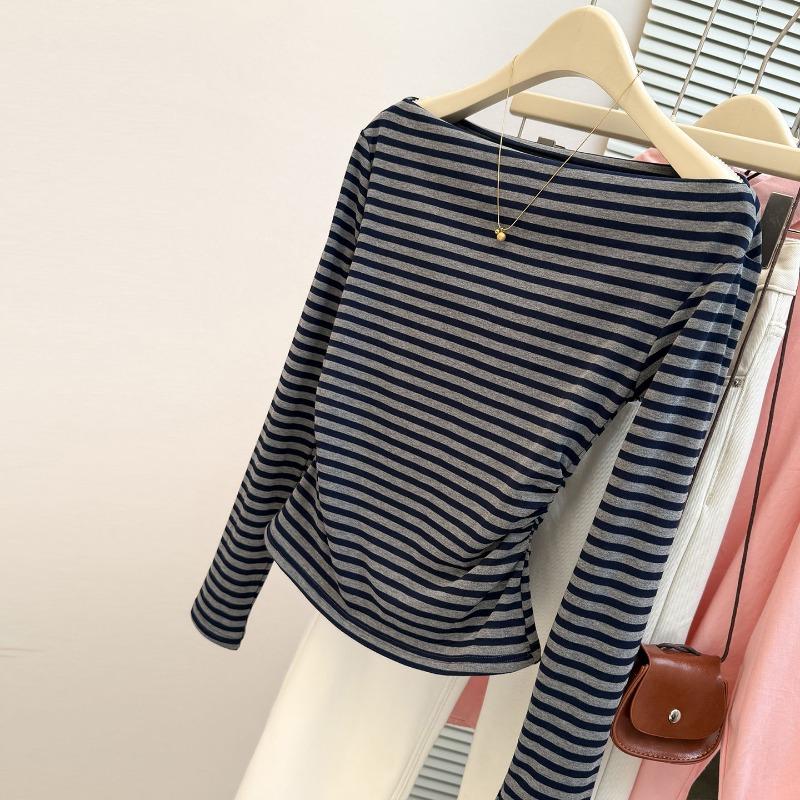 Real shot striped one-word shoulder long-sleeved T-shirt women's season new slim-fit bottoming shirt top