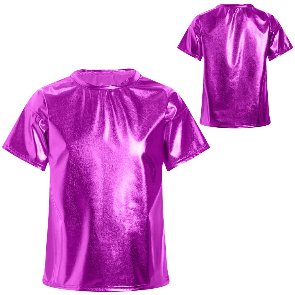 Camisetas de manga corta brillantes para niños y niñas, camiseta de cuello redondo a la moda, disfraz de actuación de baile