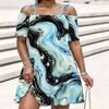 Women Plus Size Cold Shoulder Chain Strap Short Sleeve Printed Loose Dress Pink Purple White