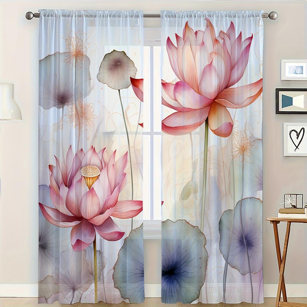 Modern Lotus Sheer Curtains Polyester Bedroom Living Room Kitchen Caf Balcony Garden Semi Set Of 2 Made With Rod Pocket Decor