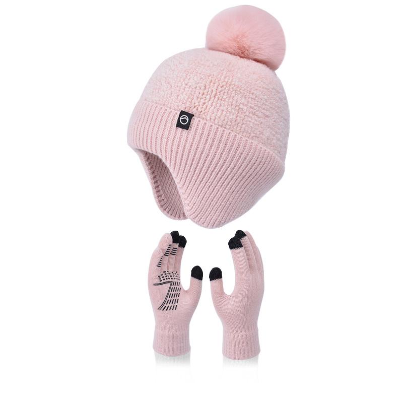 Winter plush ball, ear protection, pullover hat, touch screen gloves, hat, warm two-piece set, plush knitted wool hat, women