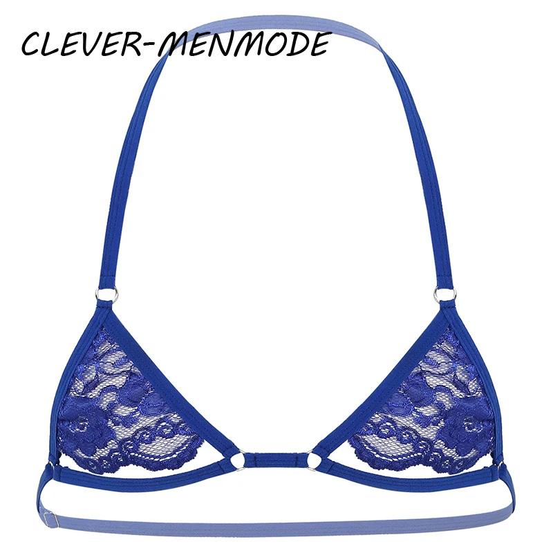 Sexy Mens Sheer Lace Lingerie Exotic Open Bras Gay Sissy Nightwear Halter Neck Adjustable Straps Wire-free Unlined Mini Bra Top