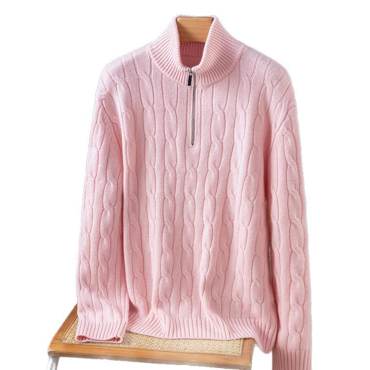 2025 Puyuan Women's Casual Cable Knit Stand Collar Zipper Sweater - 100% Wool, Autumn/Winter Collection.