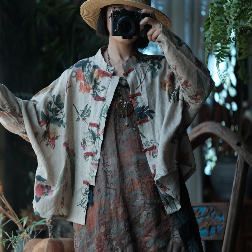 Johnature Women Vintage Patchwork Shirts Button Beige Long Sleeve Stand Blouses Autumn Chinese Style Shirts