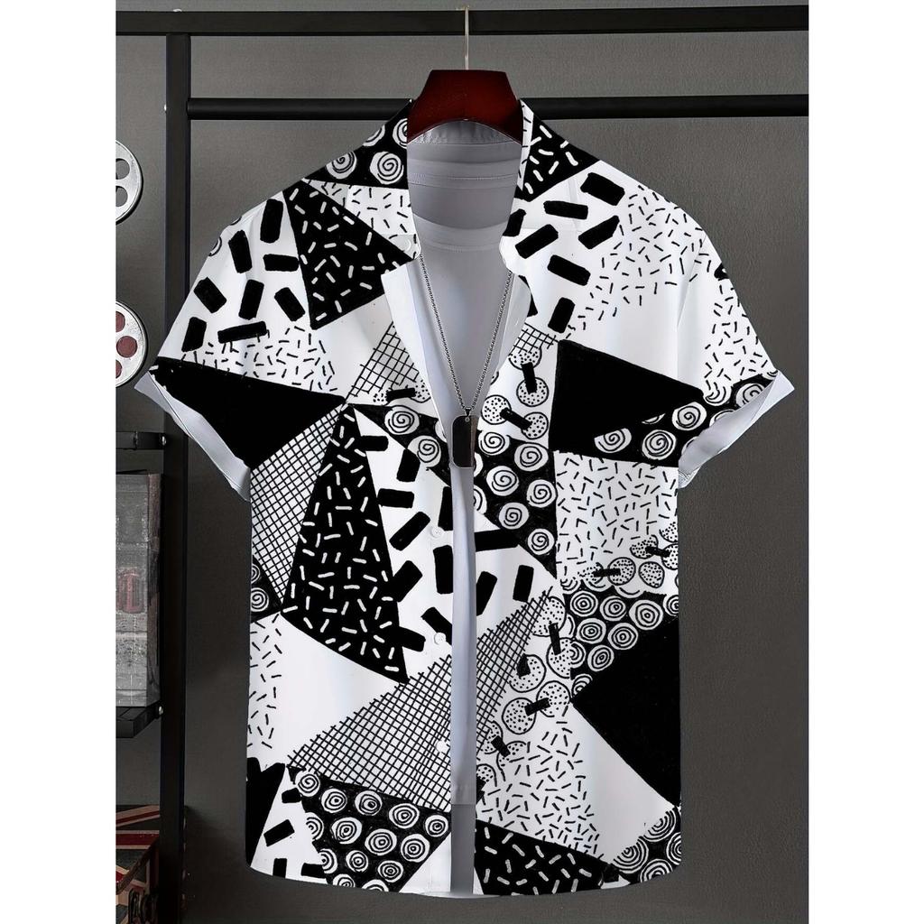 Men's Shirt with Novel Striped Patchwork Pattern Button Up Shirt, Fashionable Unisex Shirt, Vacation Collar Short Sleeved Shirt