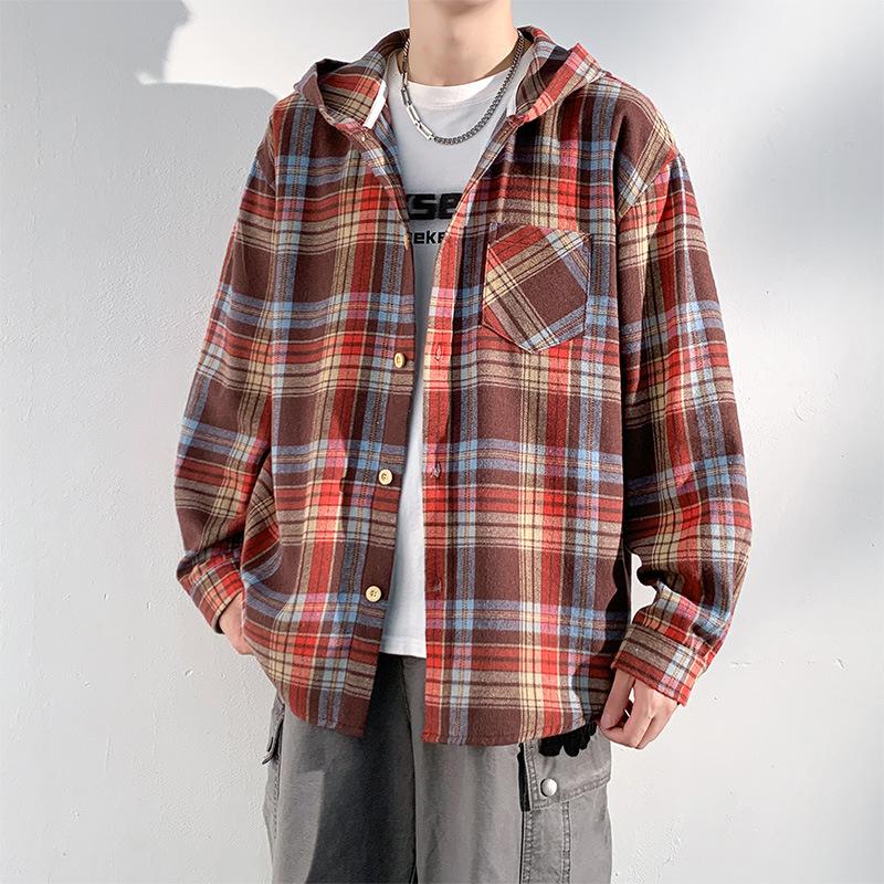 

Autumn Hooded Shirt Jacket Retro Checkered All-Match Men s Student Trendy Fashion Casual Cardigan Jacket Top M красный
