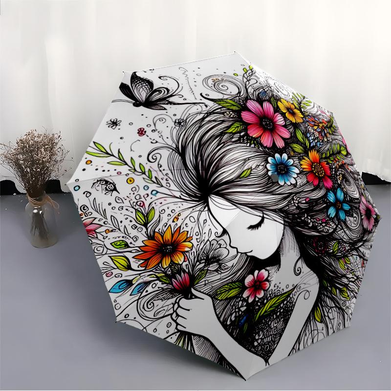 1pc FlowerGirl Automatic Open/close Umbrella, 8-Rib Sturdy Structure, Auto Folding/Opening, Portable Travel Umbrella for Women, C38