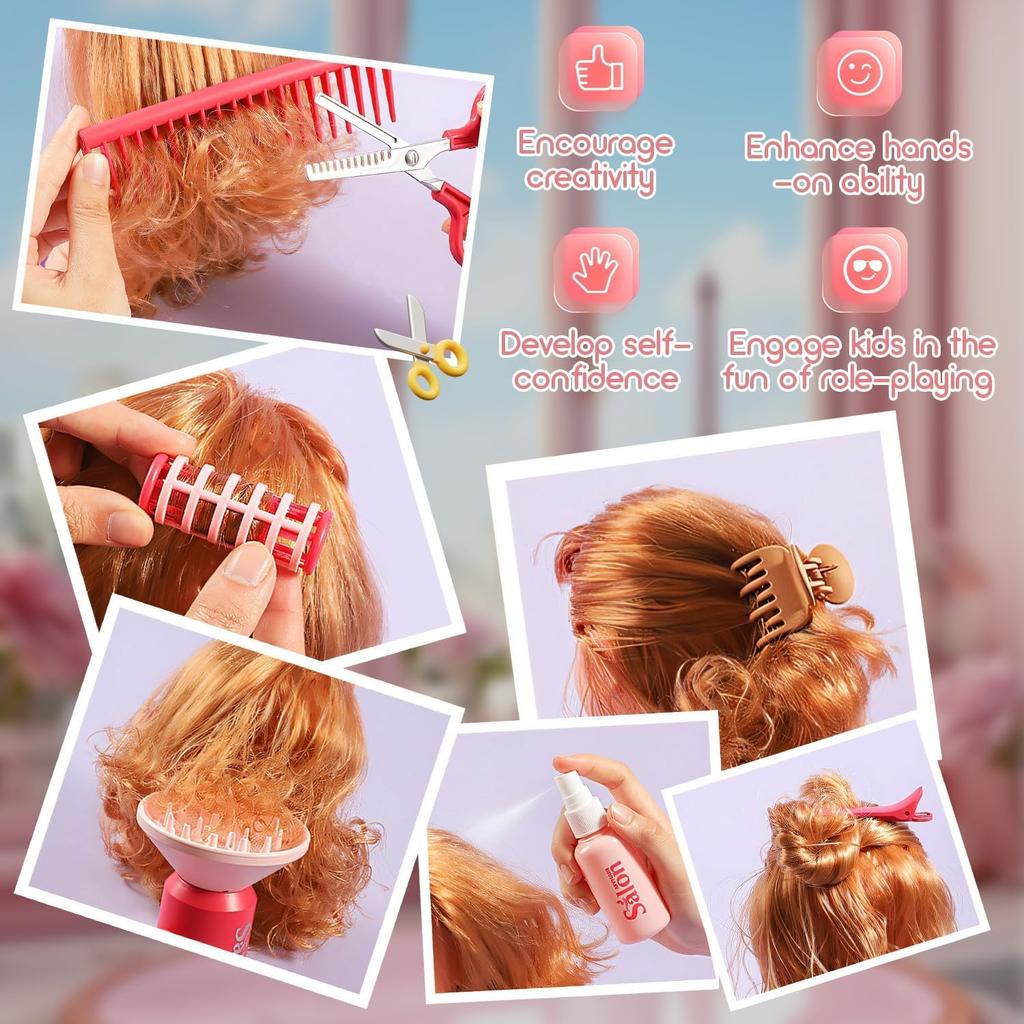 23 Pcs Hair Salon Girls Toys Kids Pretend Play Toys Toddler Dress Up Beauty Salon Set Stylist Kit with Hairdryer Flat Apron Scissors Curling