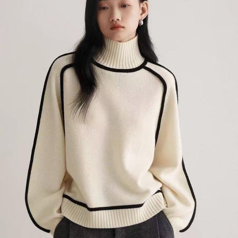 Women Autumn Winter Turtleneck Black Trim Knit Pullover Loose Sweater