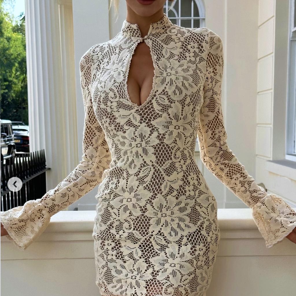 European and American women's new hot girl fashion sexy lace hollow flared sleeve slim hip wrap dress