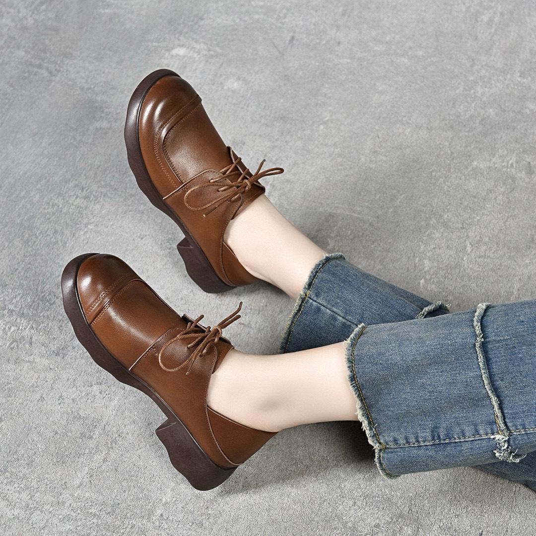

Женские осенние туфли-балетки из коровьей кожи первого слоя с круглым носком на шнуровке, маленькие кожаные туфли в стиле колледжа, носите две туфли 40 коричневый
