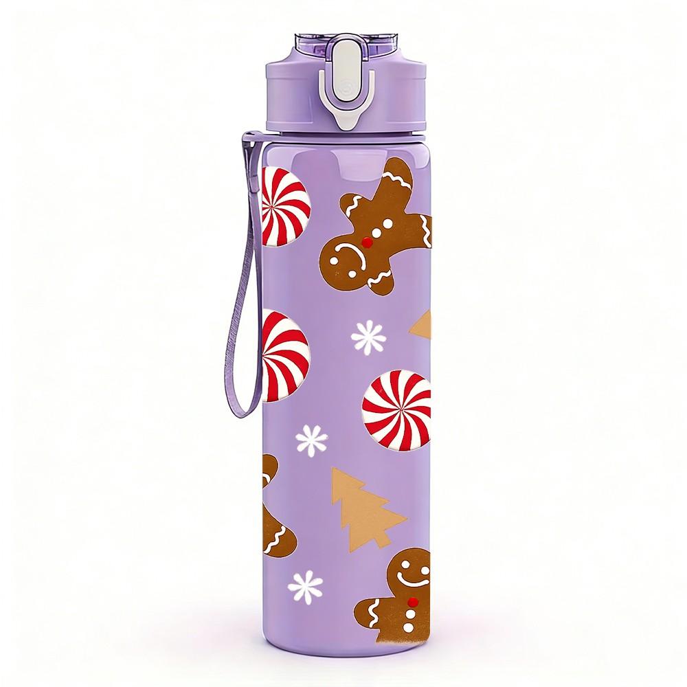 1PC Gingerbread Man Candy Christmas Print 750ml Color Plastic Sports Water Bottle Leakproof Flip Straw Lid Suitable for Sports Office Home Use